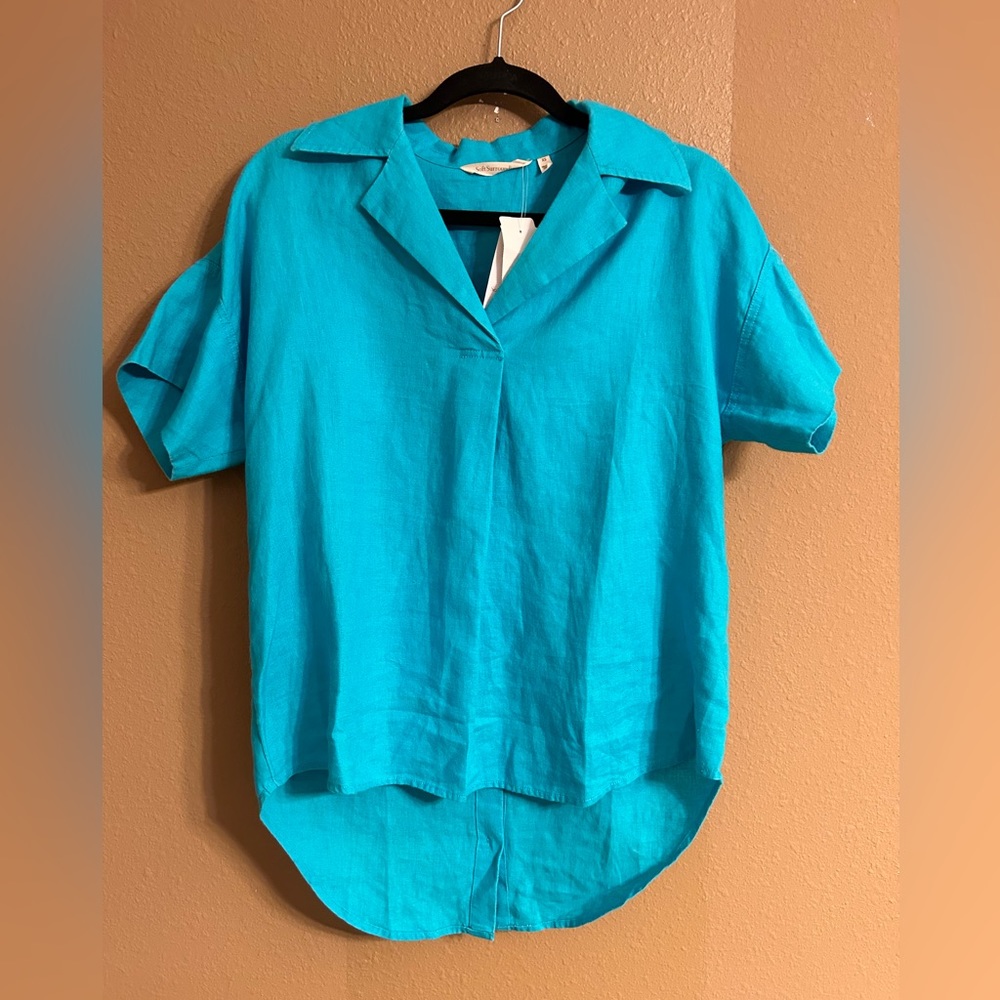 NWT Linen Soft Surroundings Hi-Pointe Linen Short Sleeve Top in ARUBA BLUE XS